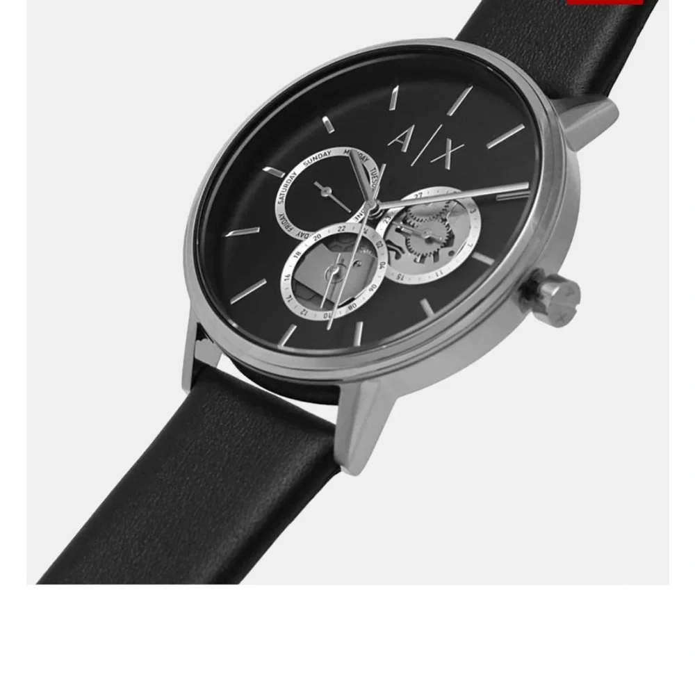 Armani Exchange NEW Cayde Chronograph Black Dial Black Leather Strap Watch